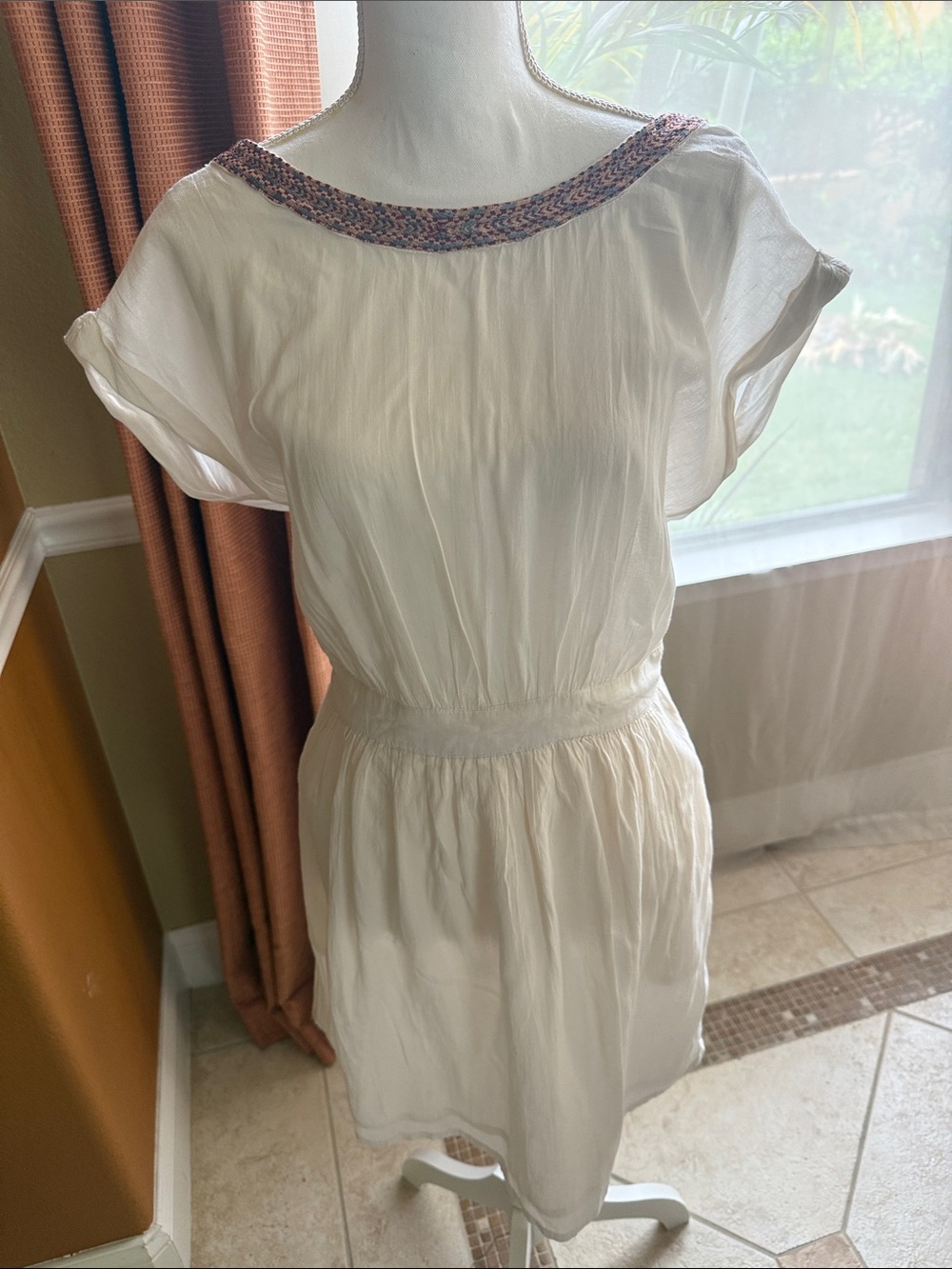 Mango Cream Mini Dress with Embroidered Neckline